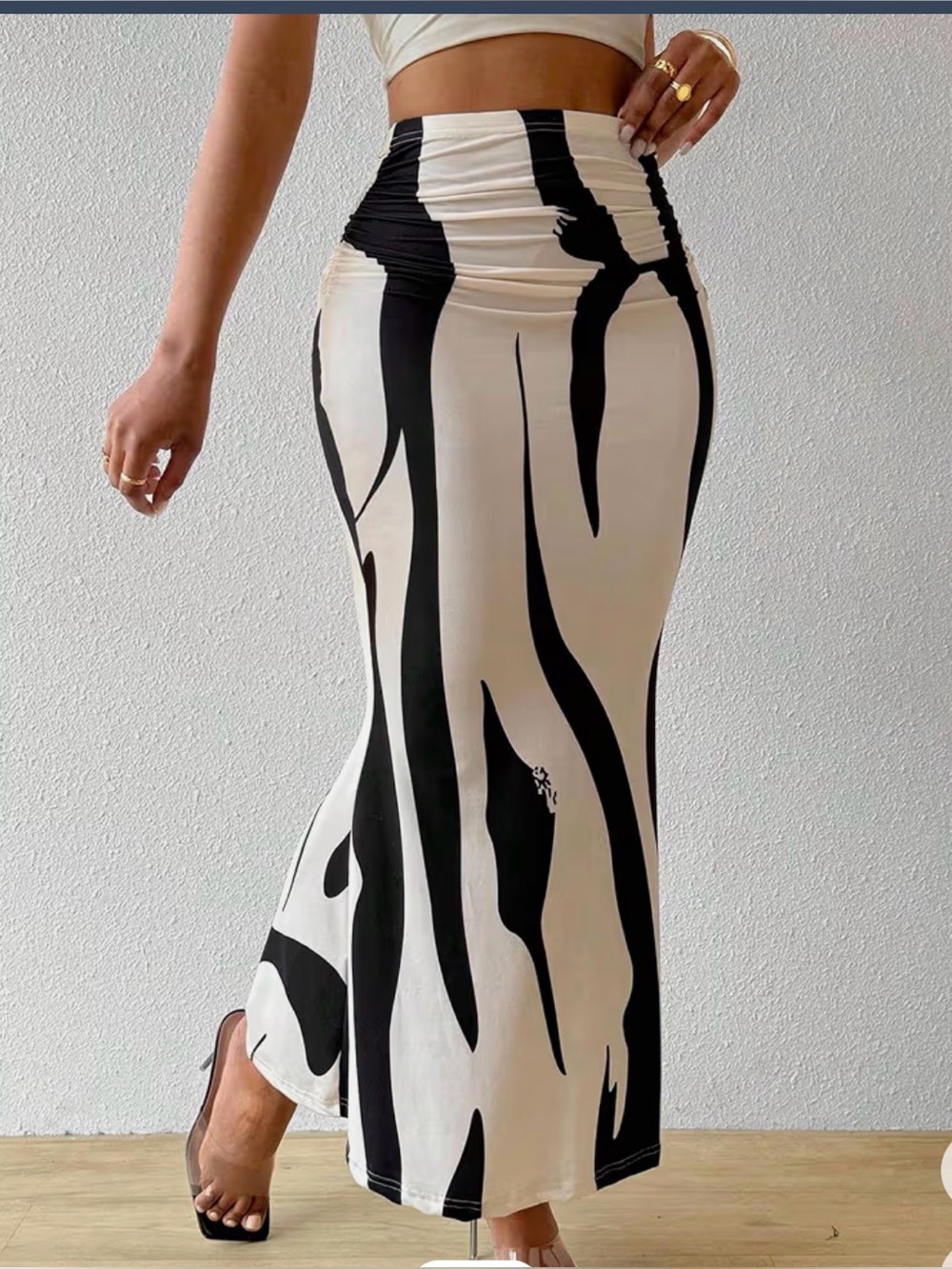 High-Waist Black & Cream Printed Maxi Skirt